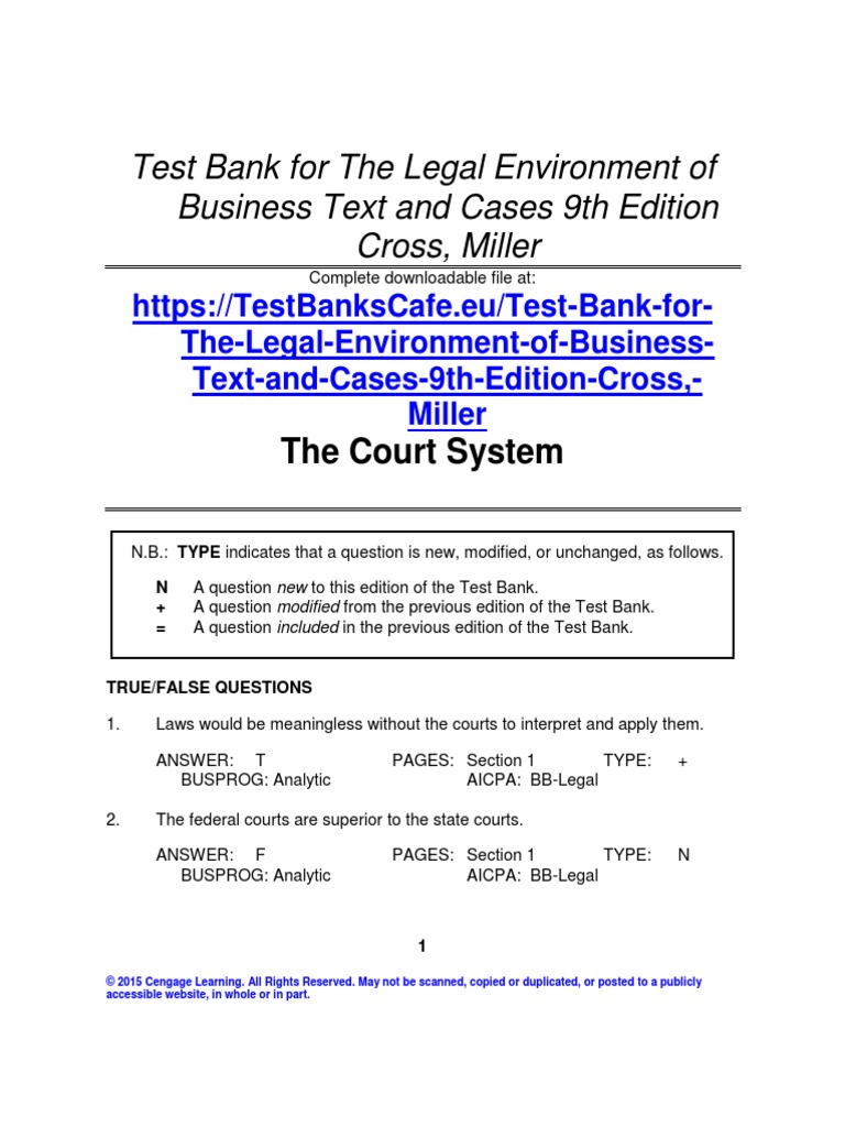 Test Bank For The Legal Environment of Business Text and