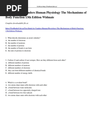 Test Bank For Vanders Human Physiology The Mechanisms of Body Function 13th  Edition Widmaier | PDF | Ion | Chemical Bond