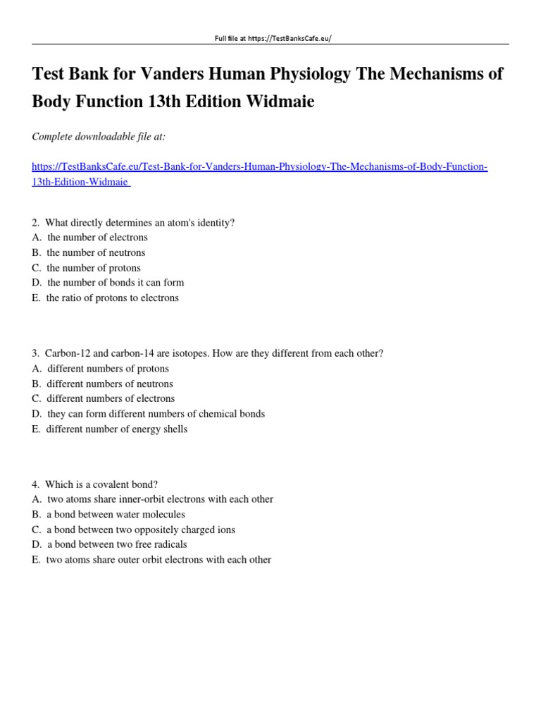 Test Bank For Vanders Human Physiology The Mechanisms of Body Function 13th  Edition Widmaier | PDF | Ion | Chemical Bond