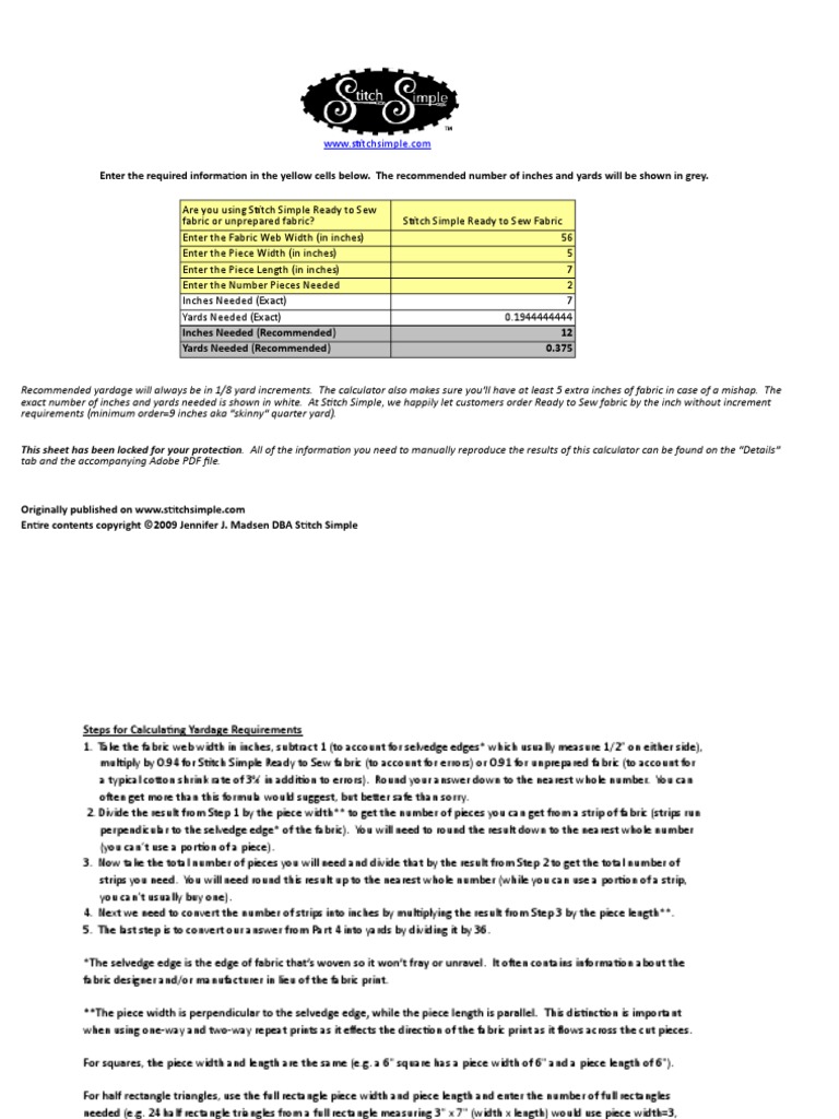 Quilt Yardage Calculator PDF Sewing Rectangle