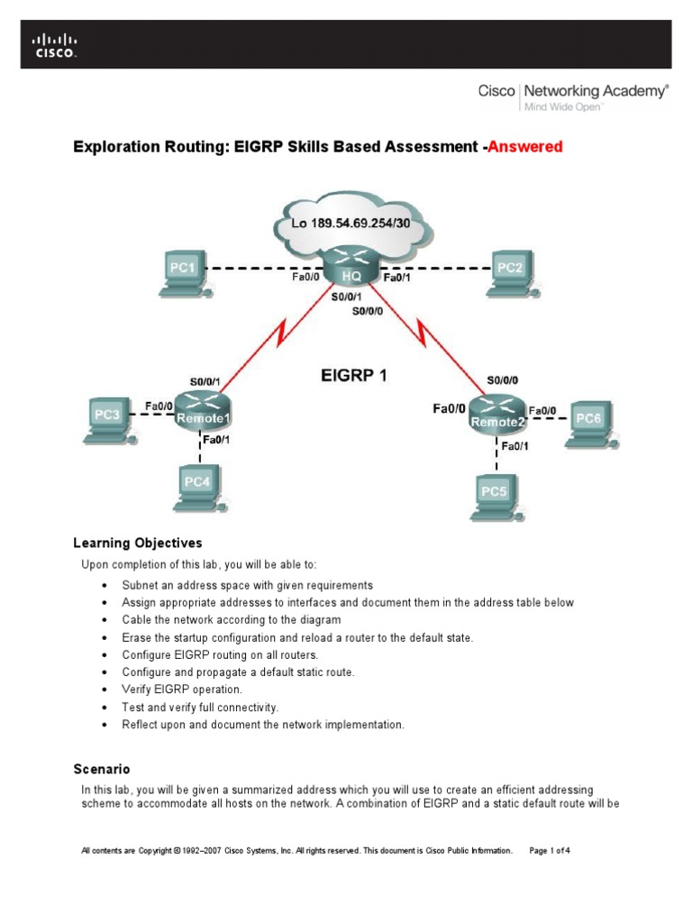 CCNA 2 EIGRP Skills Based Assessment Exam Answered | PDF