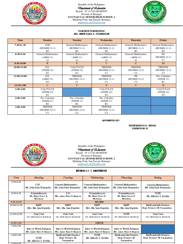 Sir Dale Schedule SY 2018-2019 | PDF | Teaching Mathematics
