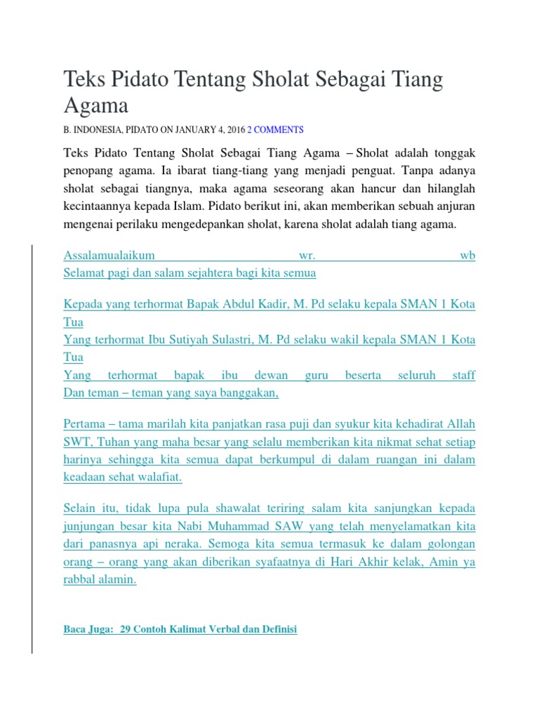 Teks Pidato Tentang Sholat Sebagai Tiang Agama