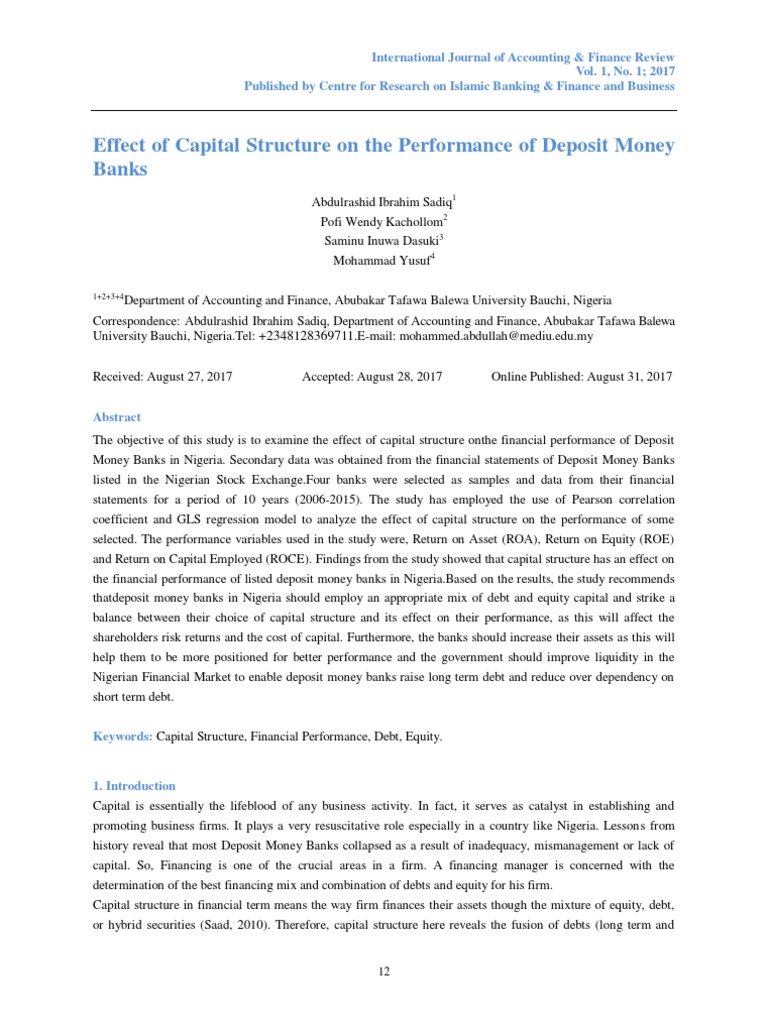 Effect of Capital Structure On The Performance of Deposit Money Banks