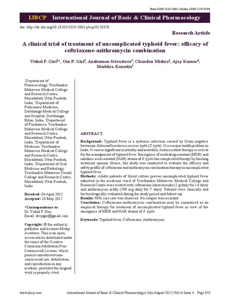 A Clinical Trial of Treatment of Uncomplicated Typhoid Fever Efficacy ...