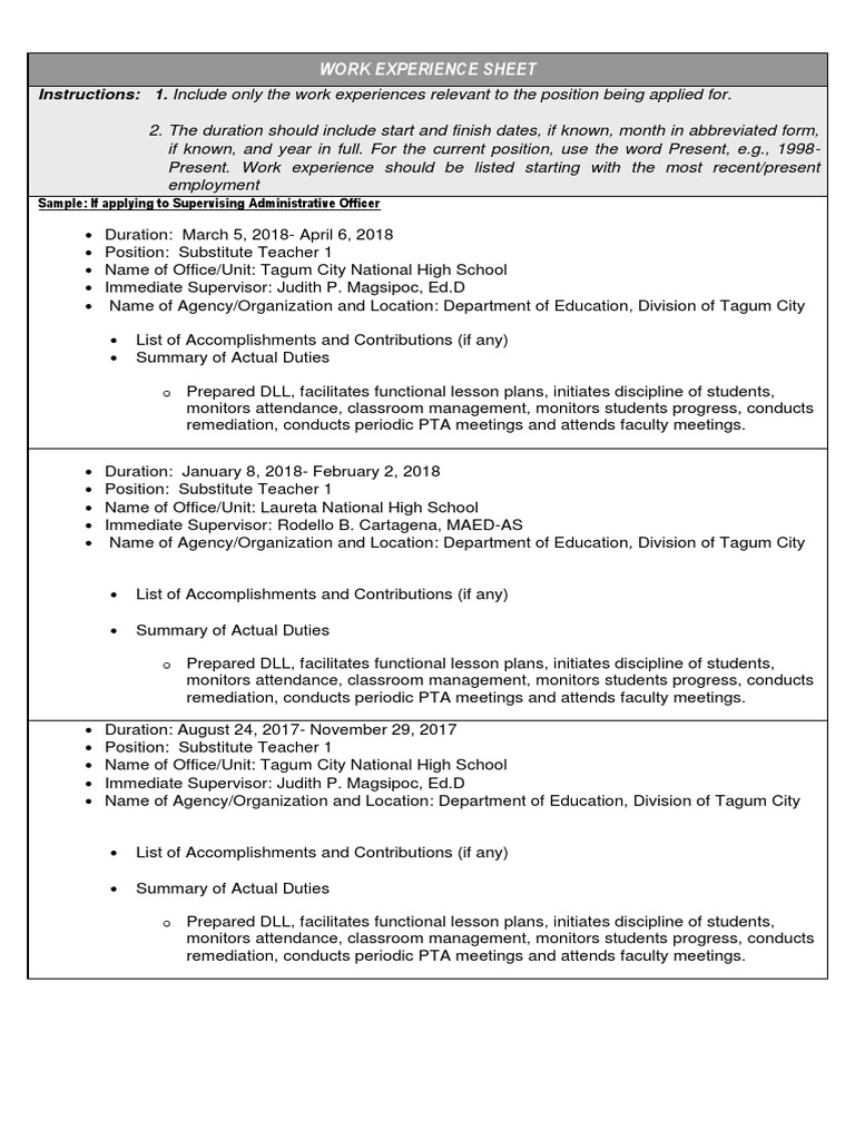 Work Experience Sheet for Teachers | PDF | Teaching | Behavior Modification