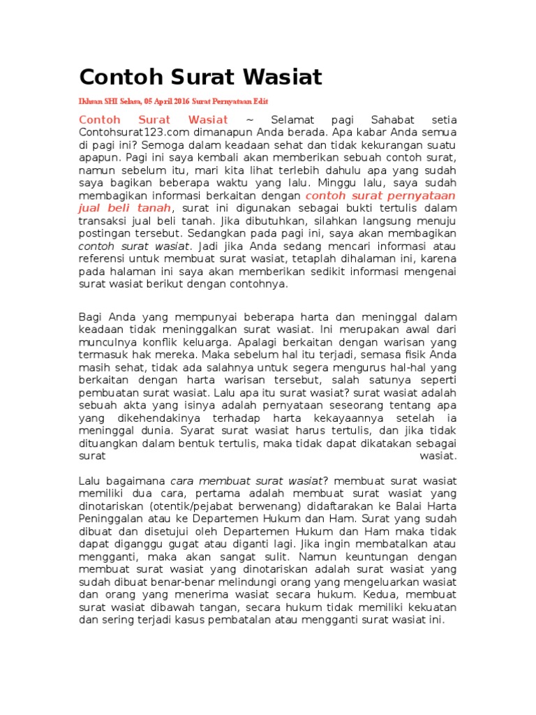 Contoh Surat Wasiat Pdf