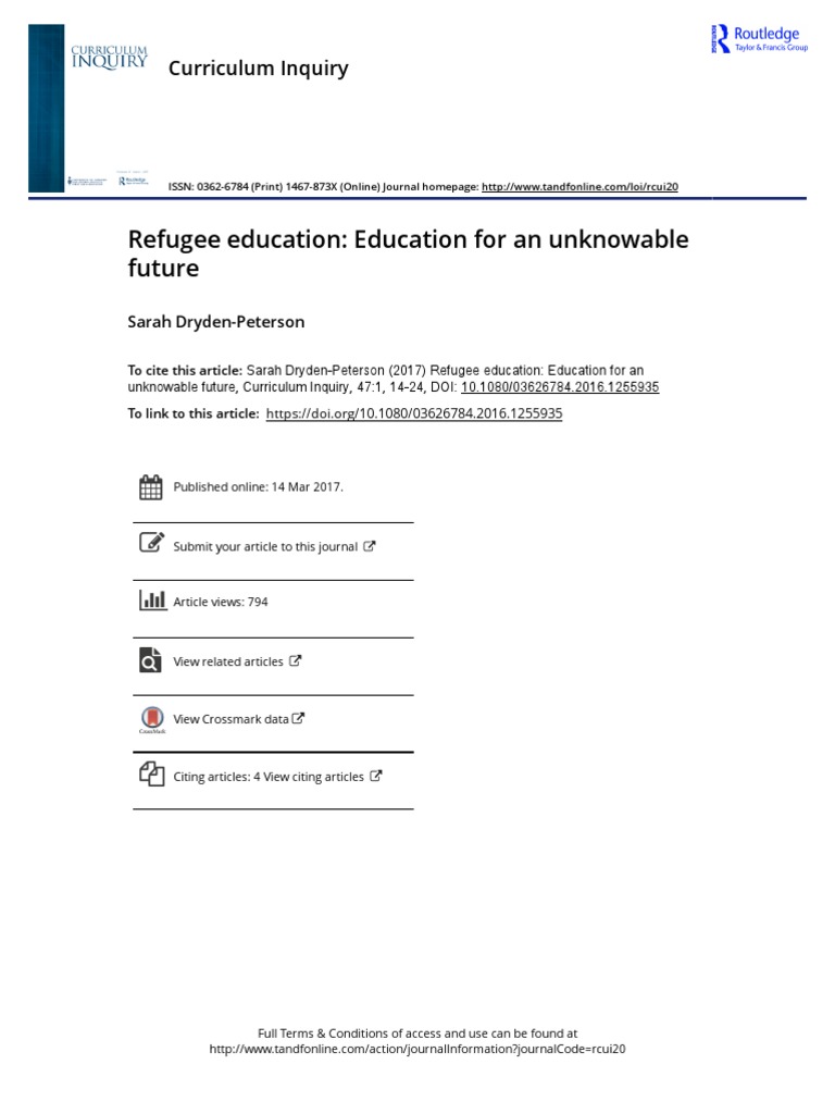 Refugee Education Education For An Unknowable Future PDF | PDF ...