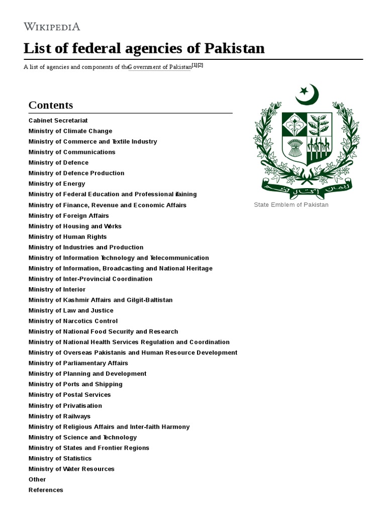 List of Federal Agencies of Pakistan | Pakistan Armed Forces | Pakistan