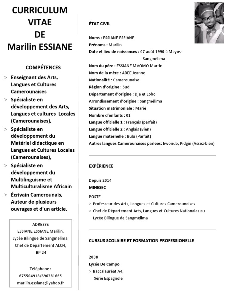 Curriculum Vitae (Cv) de Marilin Essiane  Cameroun  Enseignants