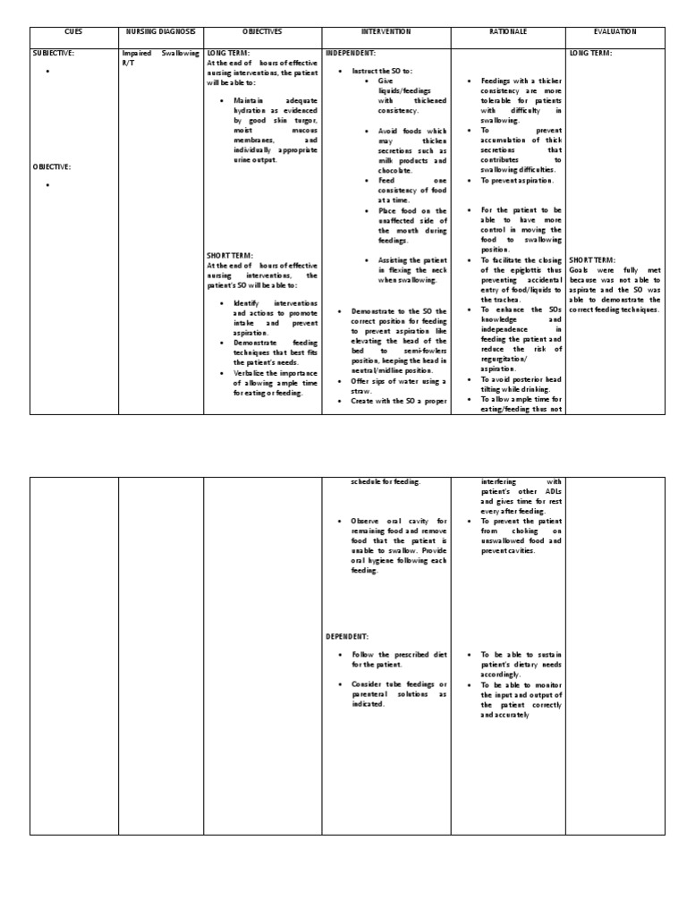 Nursing Care Plan for Impaired Swallowing | PDF | Diseases And ...