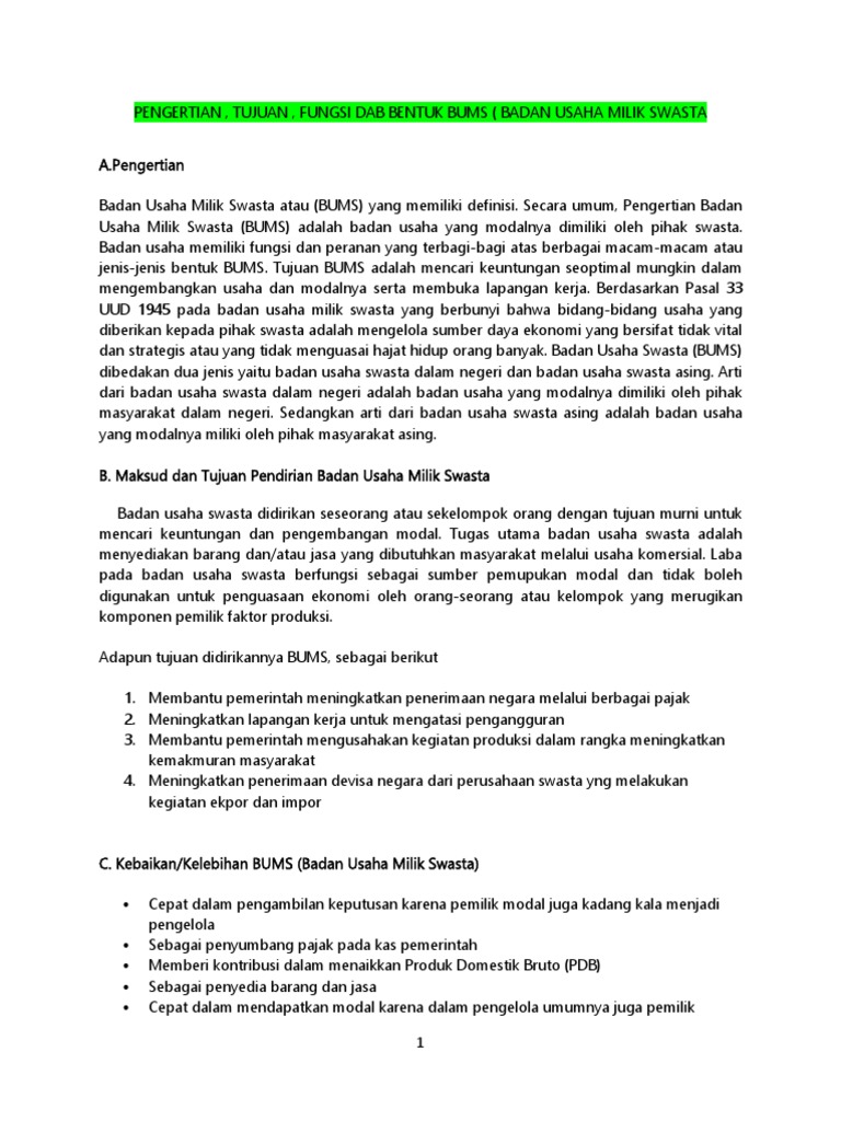 Bentuk Dan Jenis Kegiatan Usaha Bums