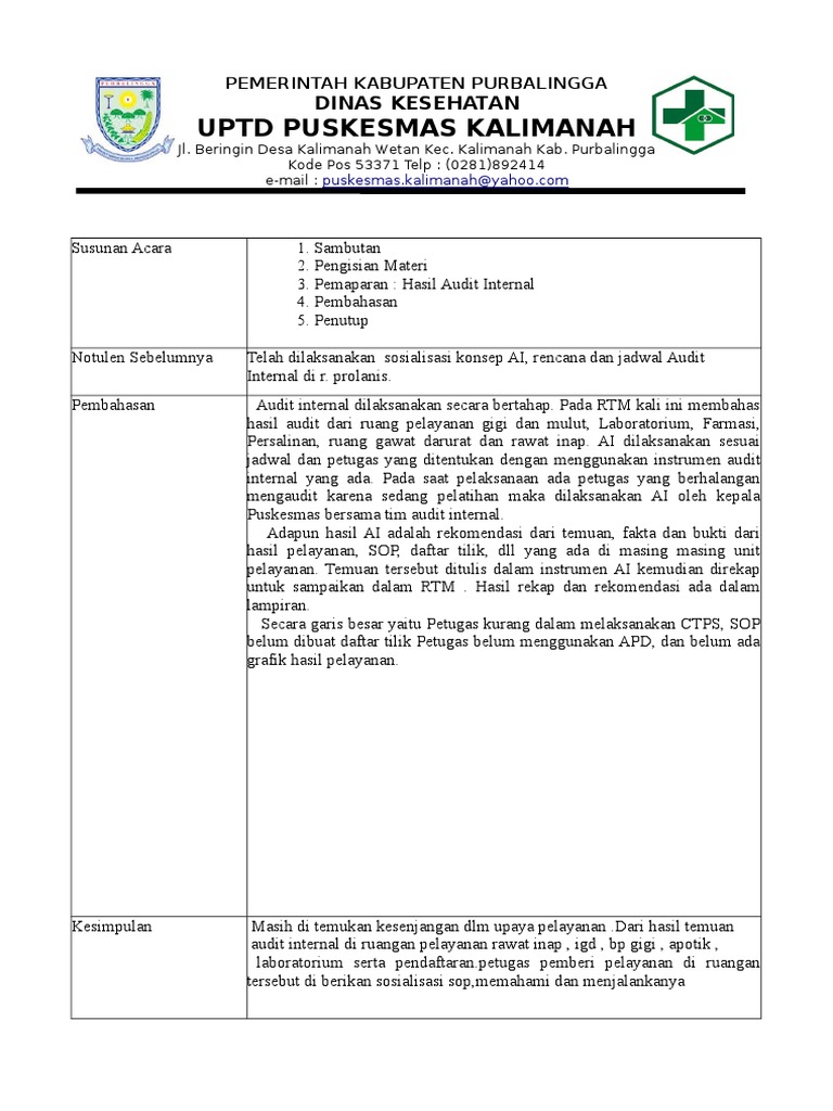 Audit Internal Puskesmas Kalimanah | PDF