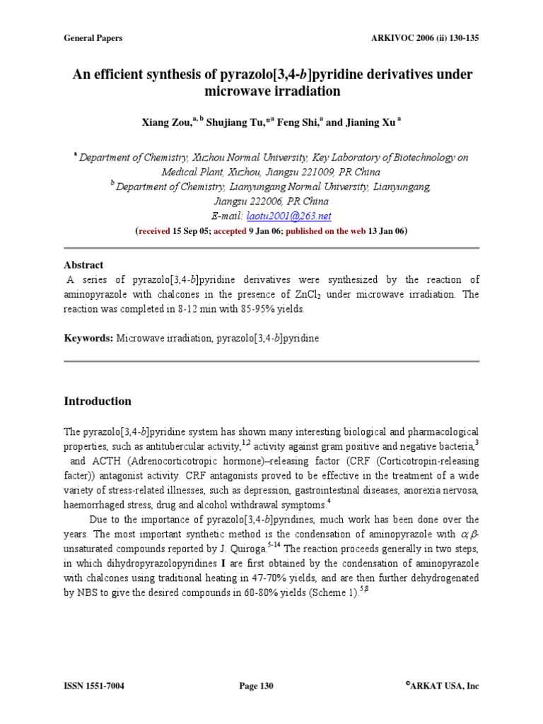 An Efficient Synthesis of Pyrazolo (3,4-b) Pyridine Derivatives Under ...