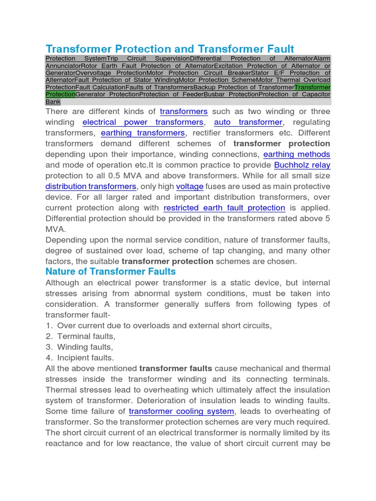 Transformer Fault Protection Guide | PDF | Transformer | Electrical ...