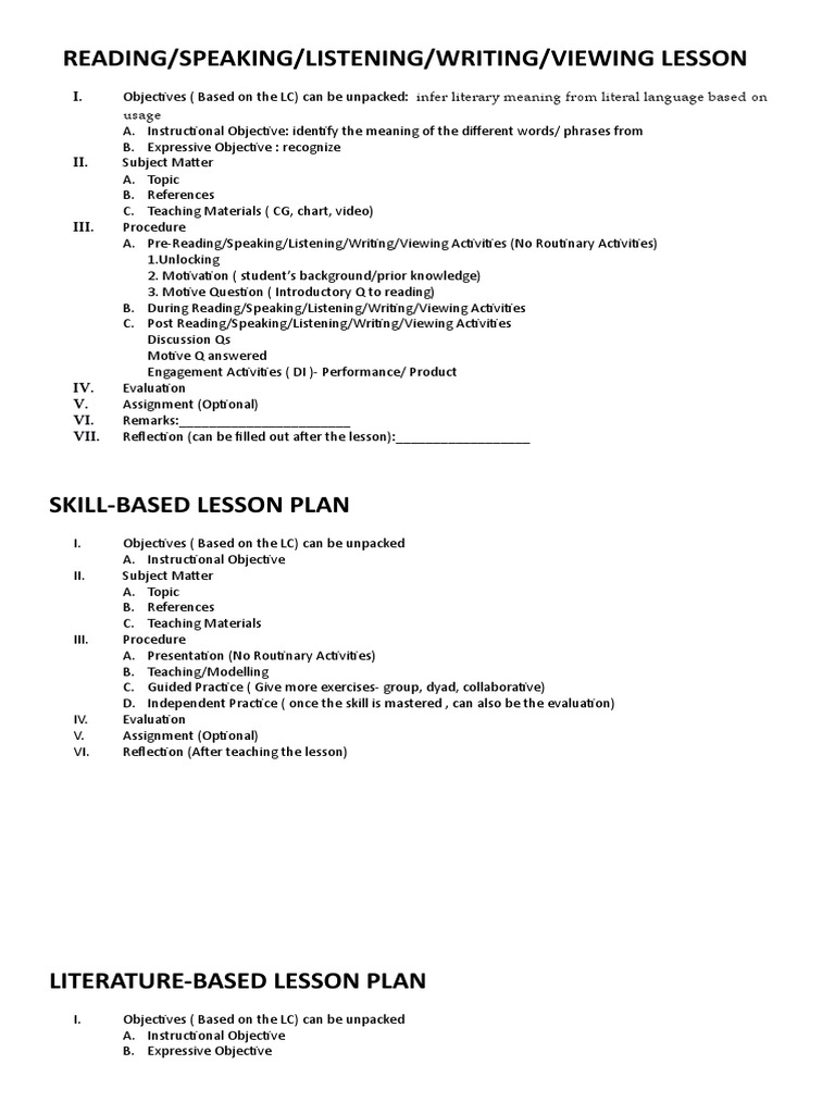Reading/Speaking/Listening/Writing/Viewing Lesson | Download Free PDF ...