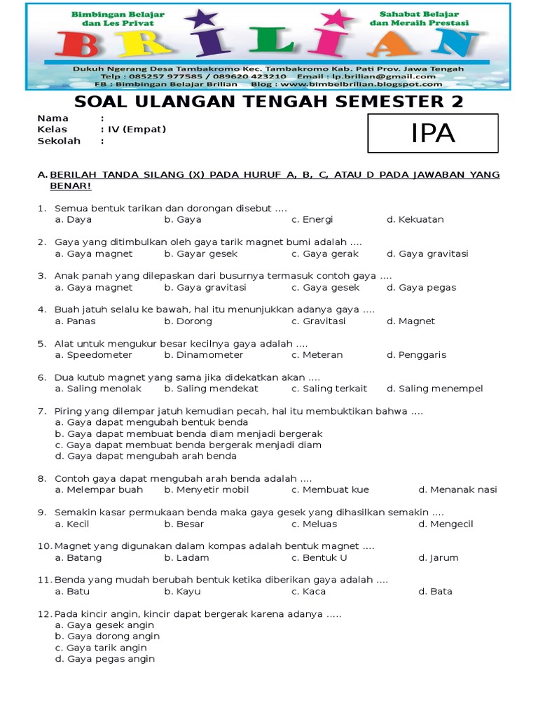 Soal Uts Ipa Kelas 4 Sd Semester 2 Dan Kunci Jawaban Www Bimbelbrilian Com
