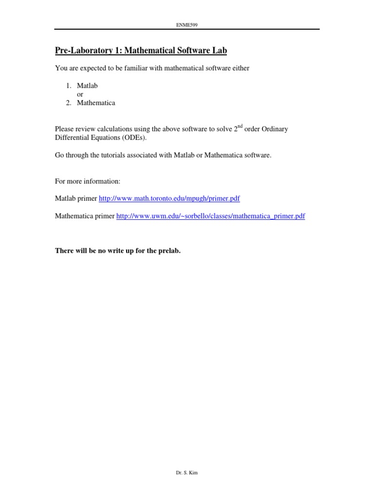 Pre-Laboratory 1: Mathematical Software Lab: There Will Be No Write Up ...