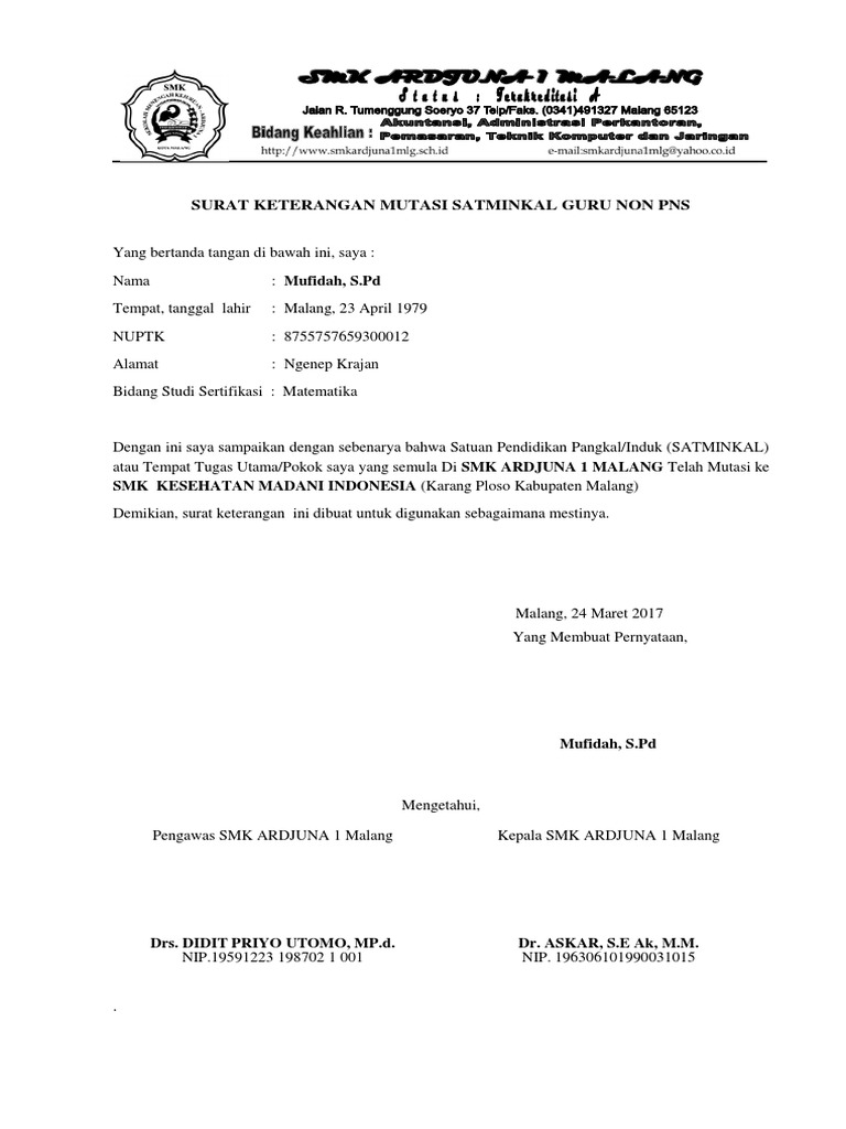 Surat Keterangan Mutasi Satminkal
