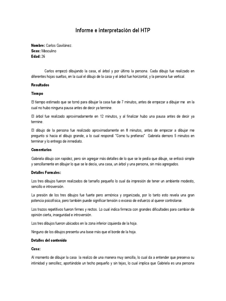 Informe de interpretación HTP para Gabriela | PDF | Arboles | Dibujo