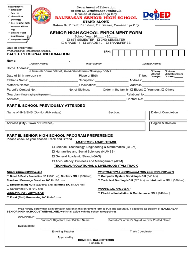 SHS Enrolment Form | PDF | Behavior Modification