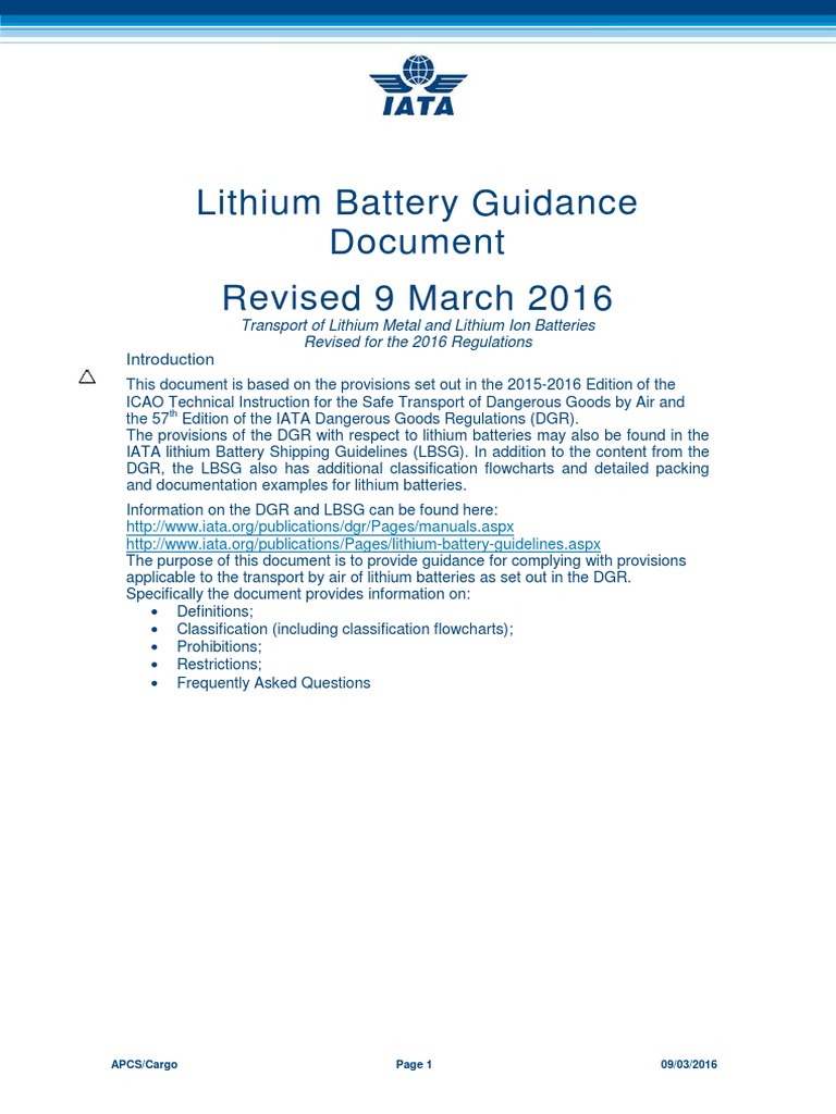 IATA Lithium Battery Guidance Document 2016 PDF Rechargeable