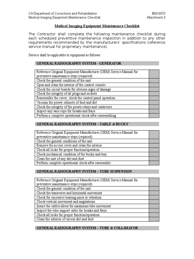 Attachment 3 Medical Imaging Equipment Maintenance Checklist