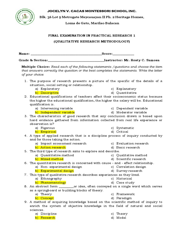 Practical Research 1 Final Exam Sampling (Statistics) Science