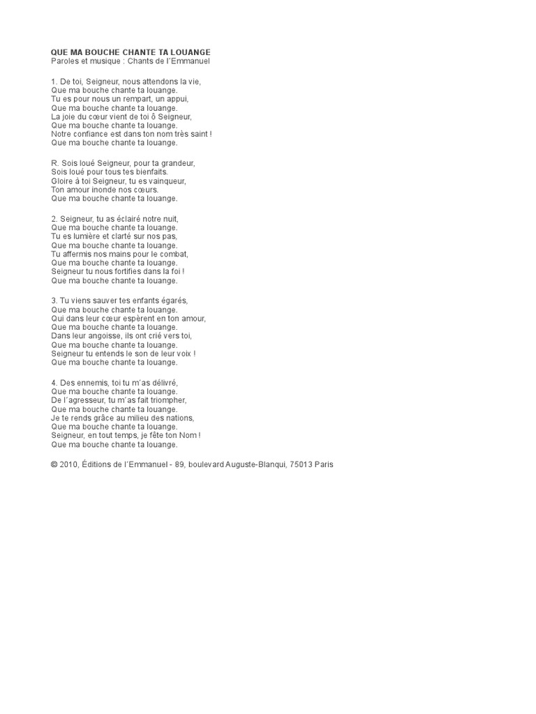 Que Ma Bouche Chante Ta Louange Piano Cnat Odt | PDF