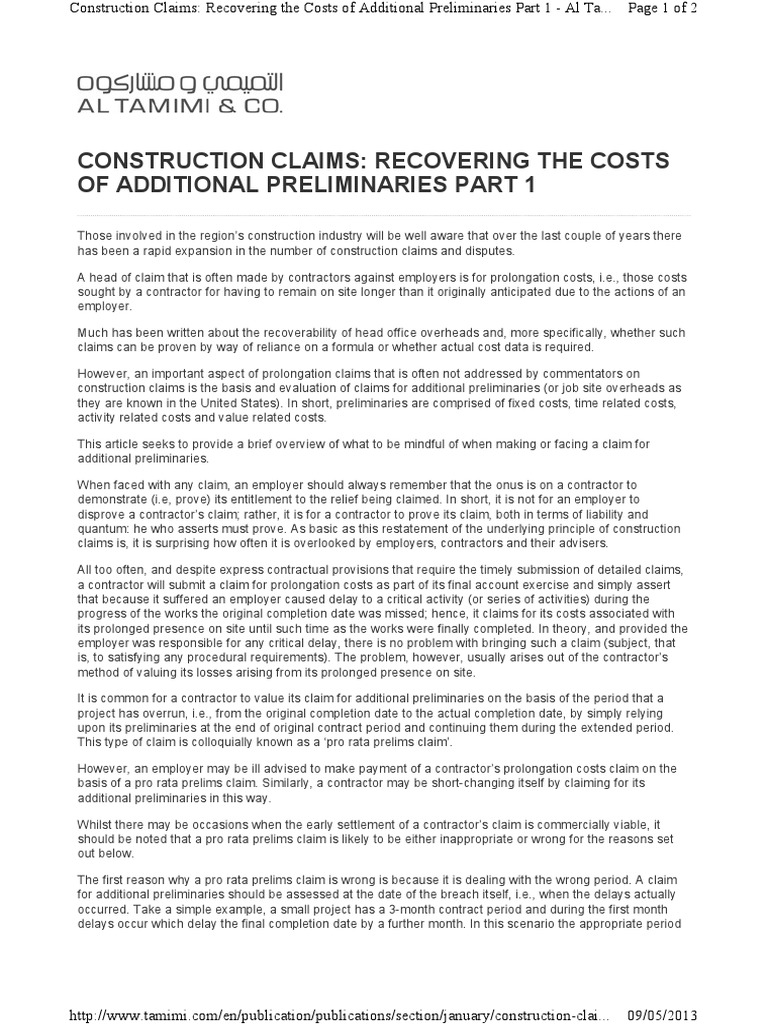 Construction Claims Recovering The Costs of Additional Preliminaries