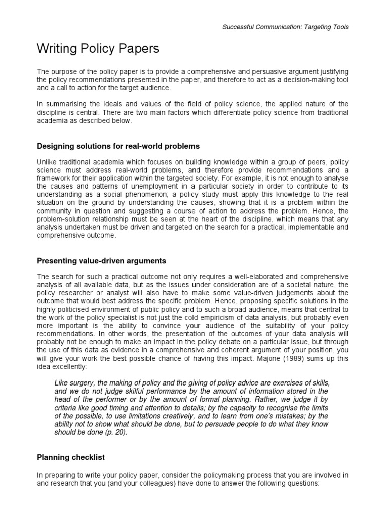 Writing Policy Papers Policy Science
