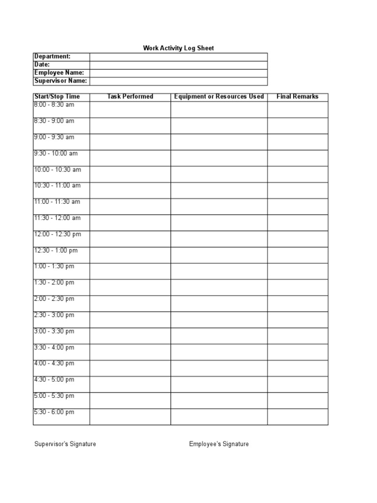 Work Activity Log Sheet Department: Date: Employee Name: Supervisor ...