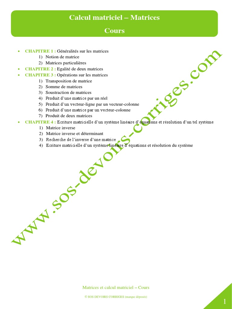 Cours sur les Matrices et Calcul Matriciel | PDF | Matrice ...