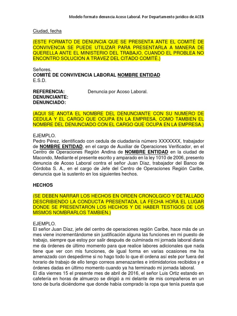 Modelo Denuncia Acoso Laboral Pdf