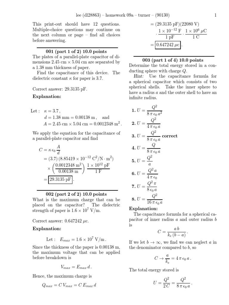 Capacitor Homework Solutions and Calculations | PDF | Capacitor ...
