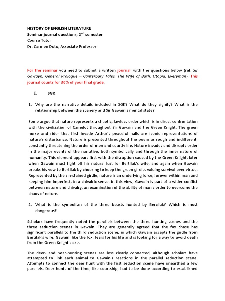 English Lit Seminar Journal | PDF | Green Knight
