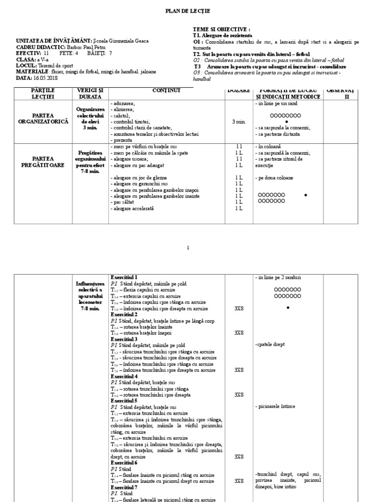 Plan De Lectie Clasa A V A Educatie Fizica Si Sport