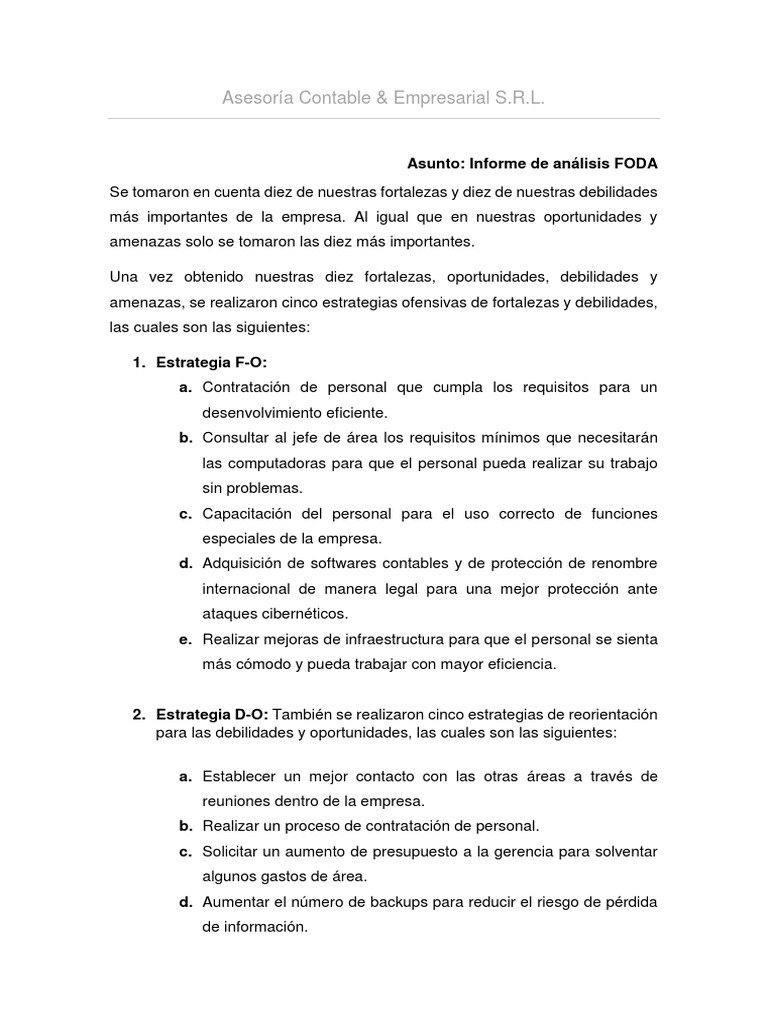 Escribir Un Informe De Anlisis Foda Para Un Plan De Análisis FODA: