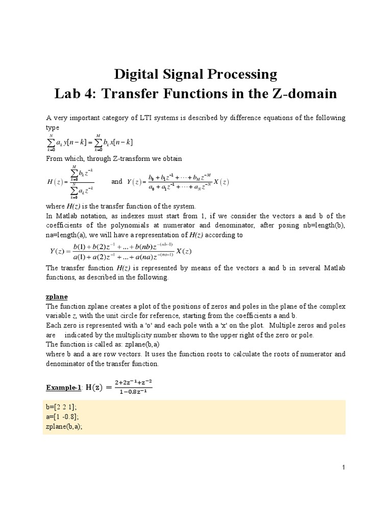 Digital Signal Processing Lab 4 Transfer Functions in The ZDomain