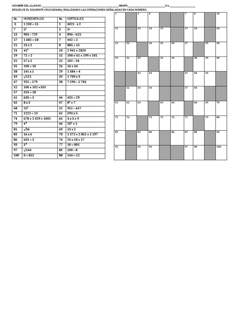 Crucigrama de Operaciones Basicas