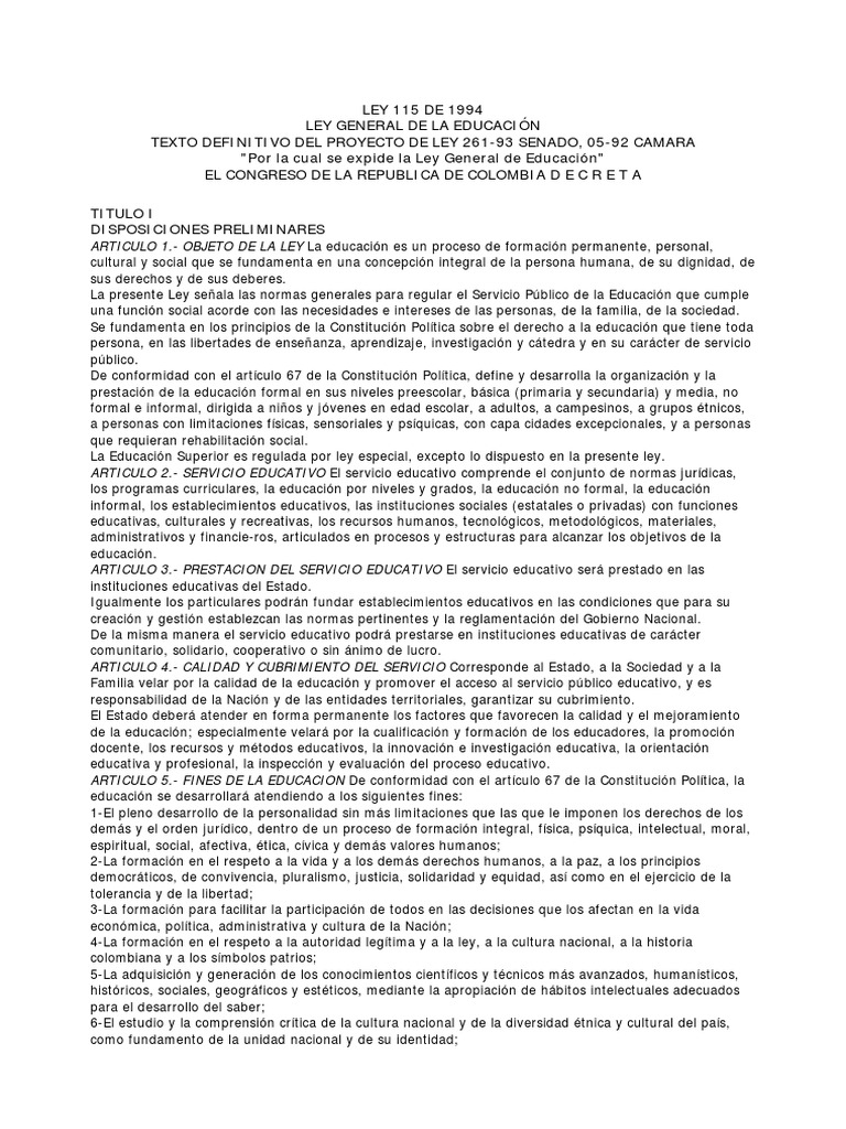 Ley 115 de 1994 PDF | PDF | Educación Secundaria | Jardín de infancia