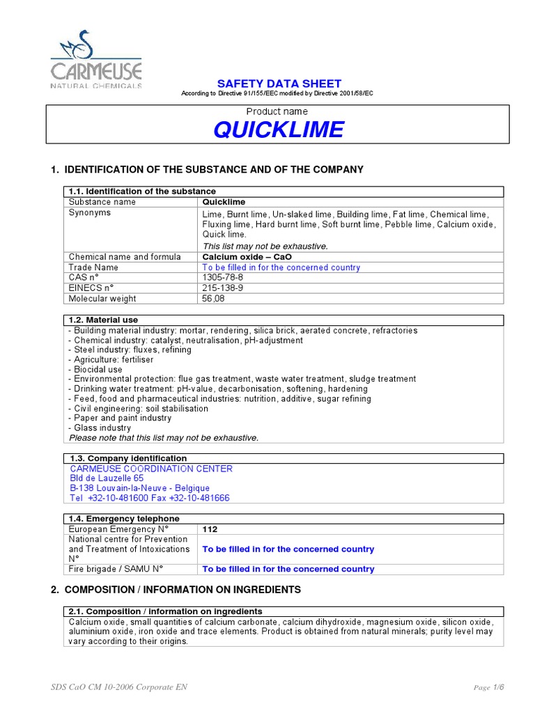 Safety Data Sheet for Calcium Oxide (Quicklime) Provides