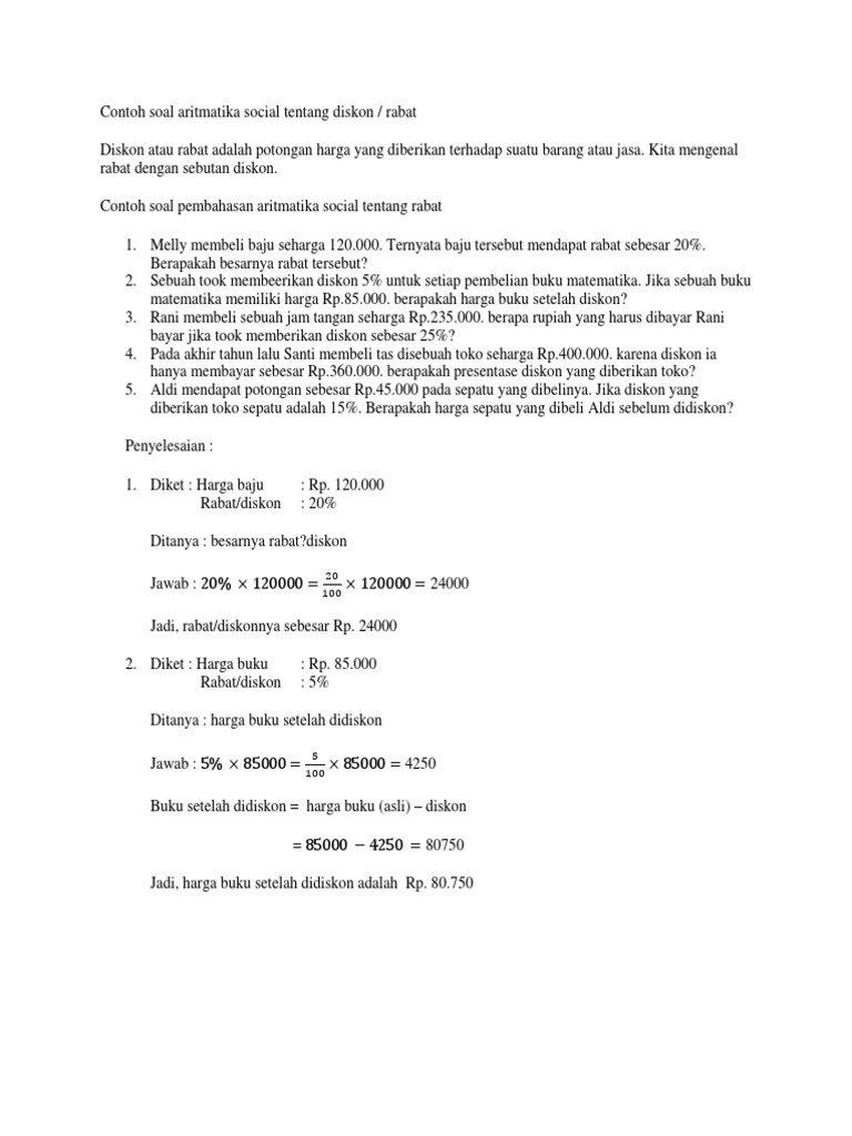 Contoh Soal Aritmetika Sosial Tentang Diskon