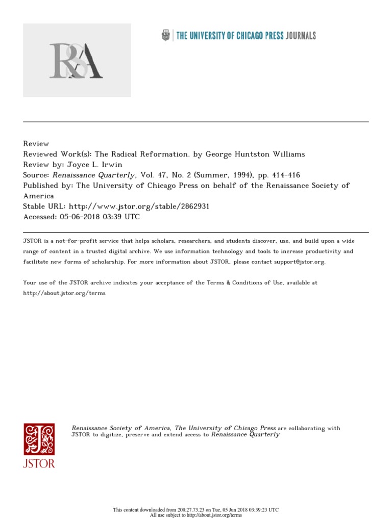 The Radical Reformation Williams), Review of Joyce Irwin PDF