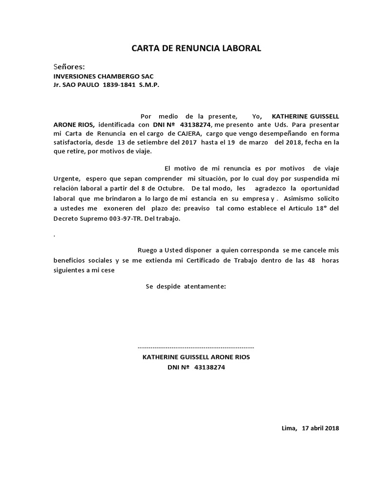 Trabajo Carta De Renuncia Voluntaria España