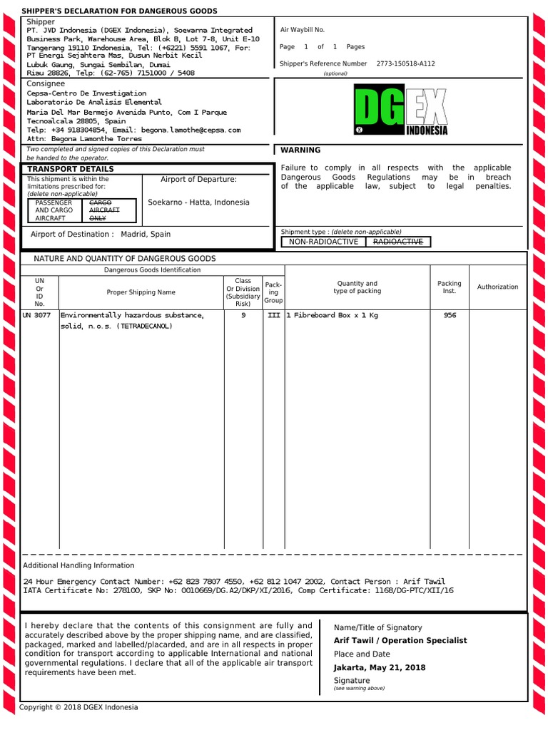 Dgex Form20180521 | PDF | Dangerous Goods | Cargo