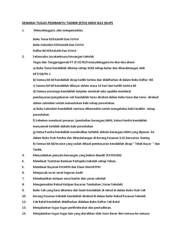 Senarai Tugas Pembantu Tadbir N19