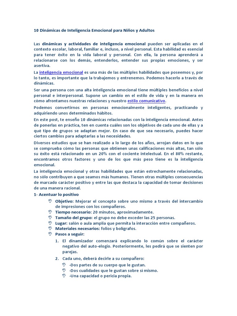 10 Dinámicas de Inteligencia Emocional para Niños y Adultos | PDF ...