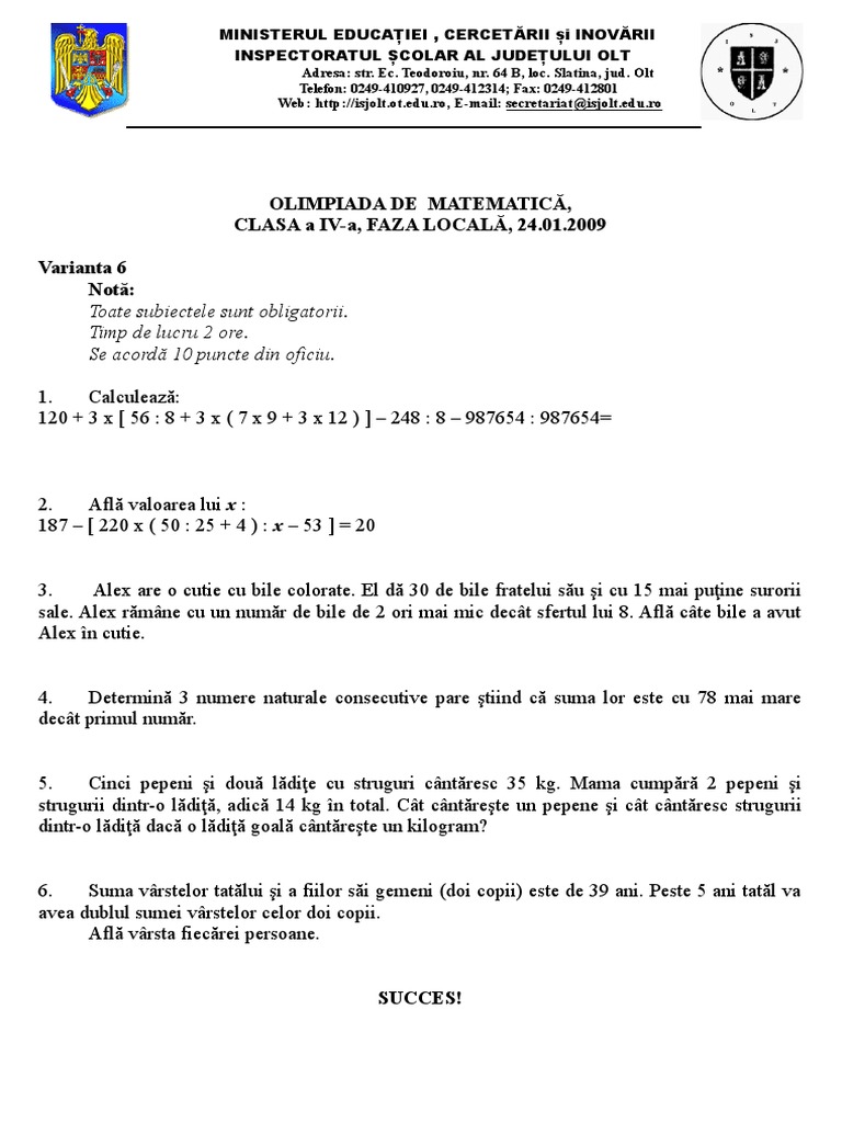 2009 MatematicÄƒ Etapa Locala Subiecte Clasa A Iv A 6 Pdf
