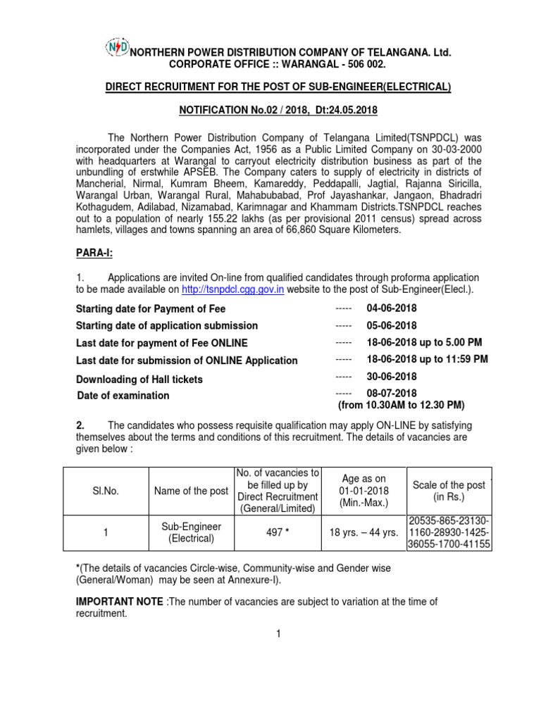 TSNPDCL Recruitment 2018 Sub Engineer | PDF | Transformer 